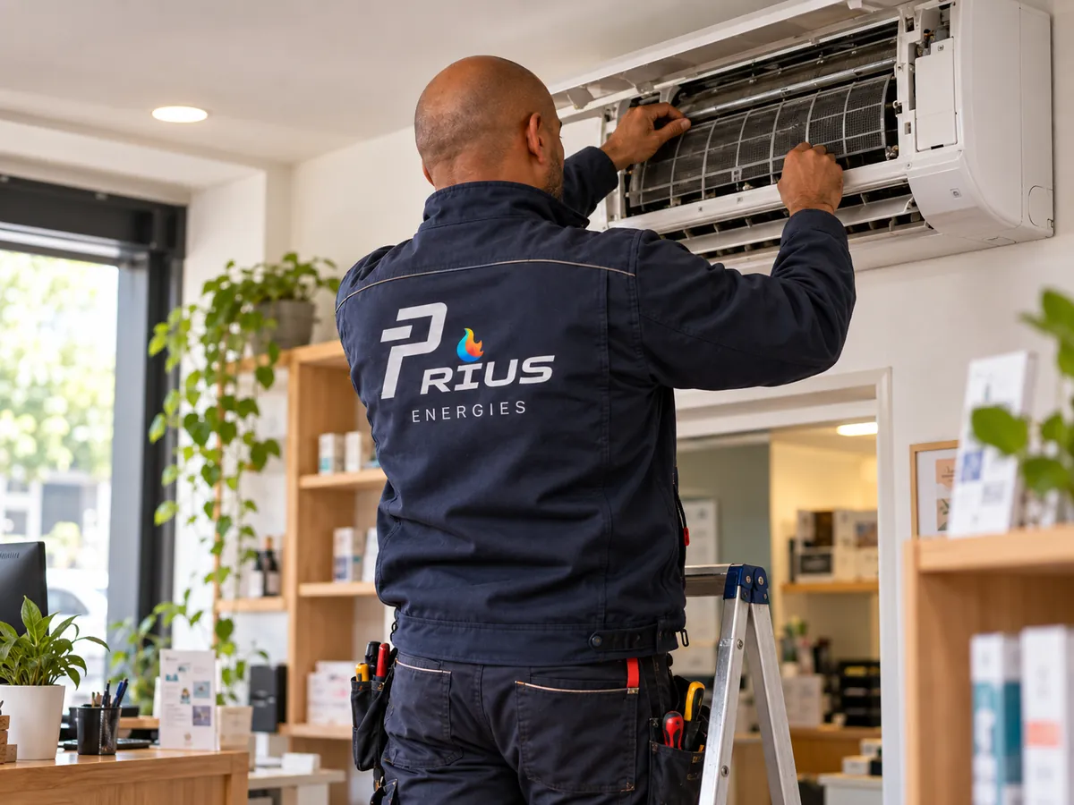 Entretien et nettoyage d'une climatisation murale par un technicien Prius Énergies dans un commerce des Hauts-de-Seine