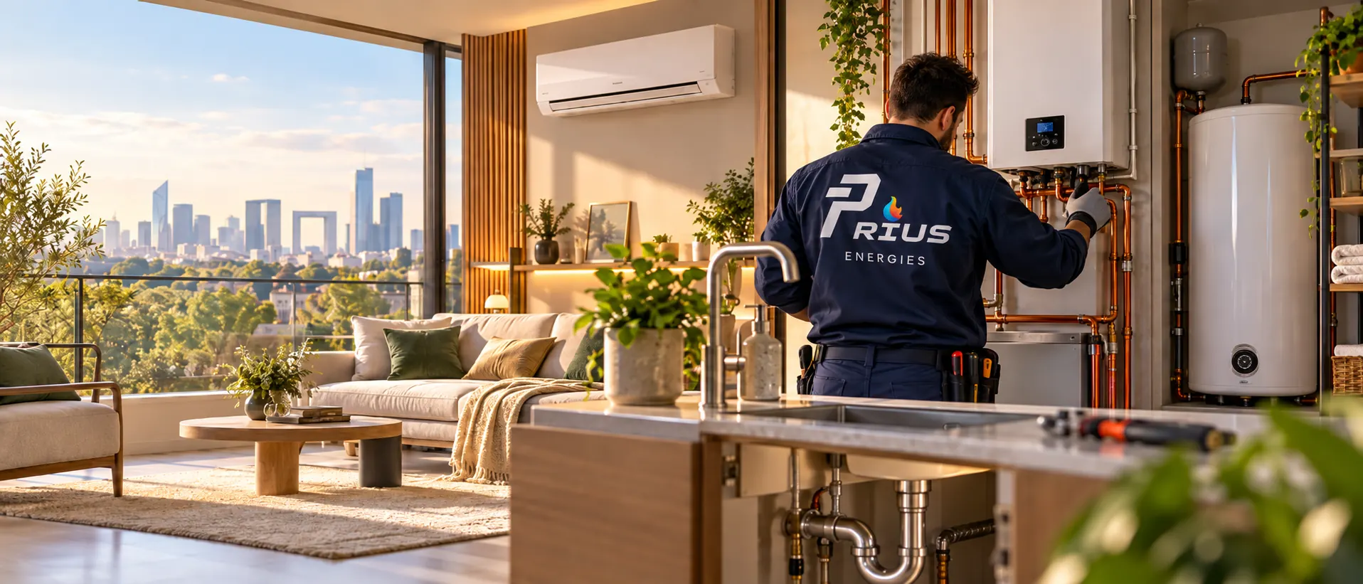Technicien Prius Énergies réglant une chaudière gaz dans un appartement des Hauts-de-Seine — climatisation murale, ballon d'eau chaude et vue sur La Défense