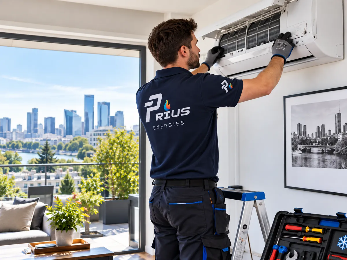Technicien Prius Énergies installant une climatisation murale réversible dans un appartement du 92, vue sur La Défense