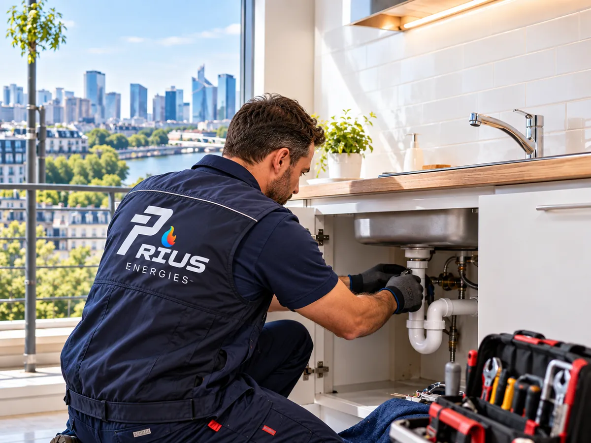 Plombier Prius Énergies en intervention sous l'évier d'une cuisine d'appartement des Hauts-de-Seine, les tours de La Défense en arrière-plan
