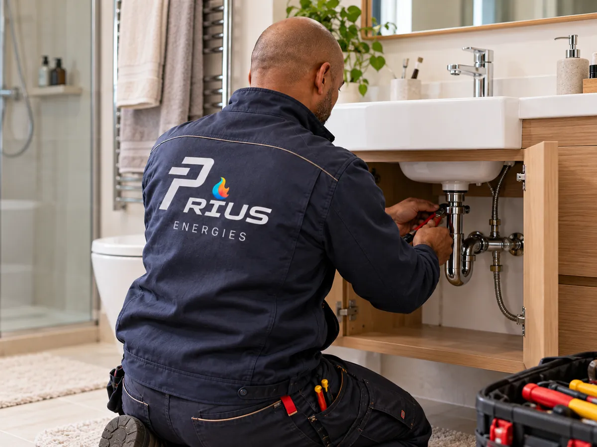 Plombier Prius Énergies intervenant sur le siphon d'une vasque de salle de bains dans les Hauts-de-Seine