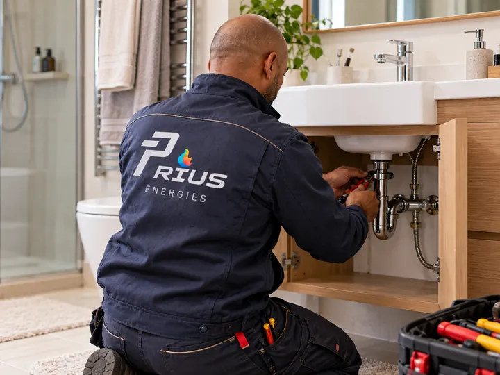 Plombier Prius Énergies intervenant sur le siphon d'une vasque de salle de bains dans les Hauts-de-Seine